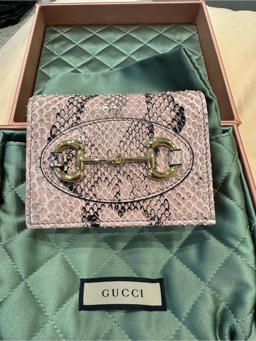 Rare brand new Gucci Pink Snakeskin Card Holder with Gold Horsebit